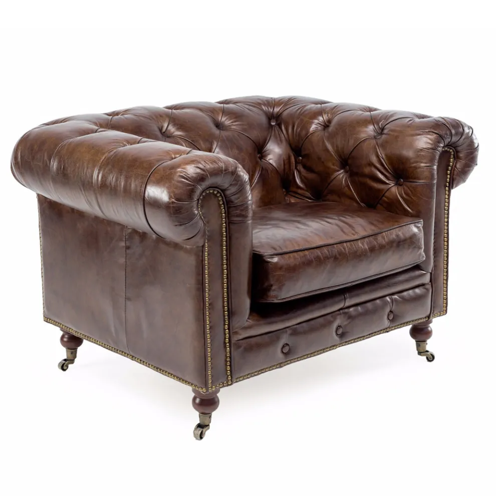 Wohnzimmersessel aus Vintage-Leder mit gealterter Wirkung mit Rädern und Armlehnen - Stempel