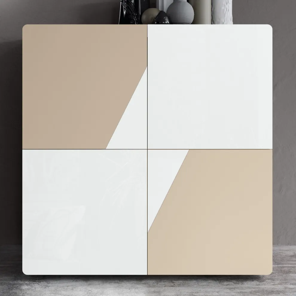 Wohnzimmer-Sideboard mit 4 Türen aus weißem Glas und Nerz-Finish, hergestellt in Italien – Eva