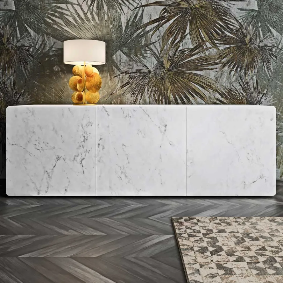 Wohnzimmer-Sideboard mit 3 Türen in Carrara-Marmor-Finish, hergestellt in Italien – Finn