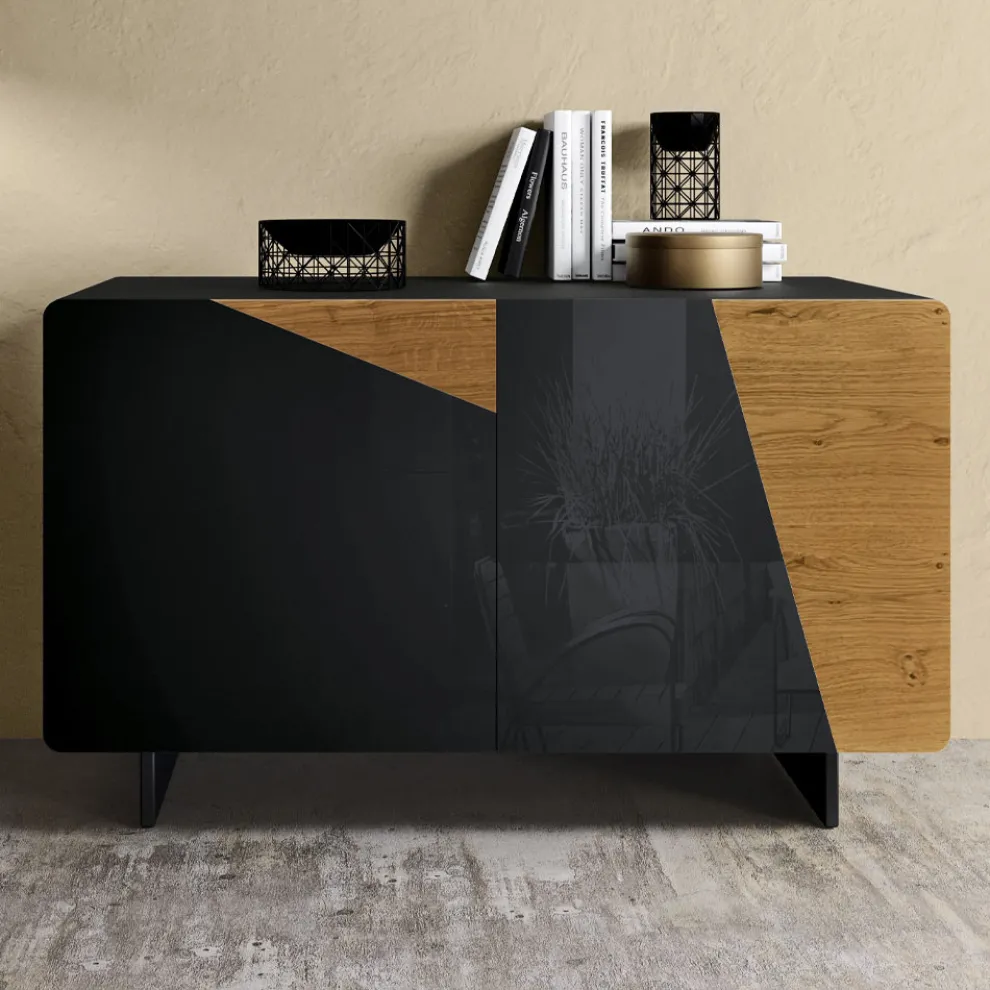 Wohnzimmer-Sideboard mit 2 Türen in rustikaler geknoteter Eiche und anthrazitfarbenem Glas – Ove