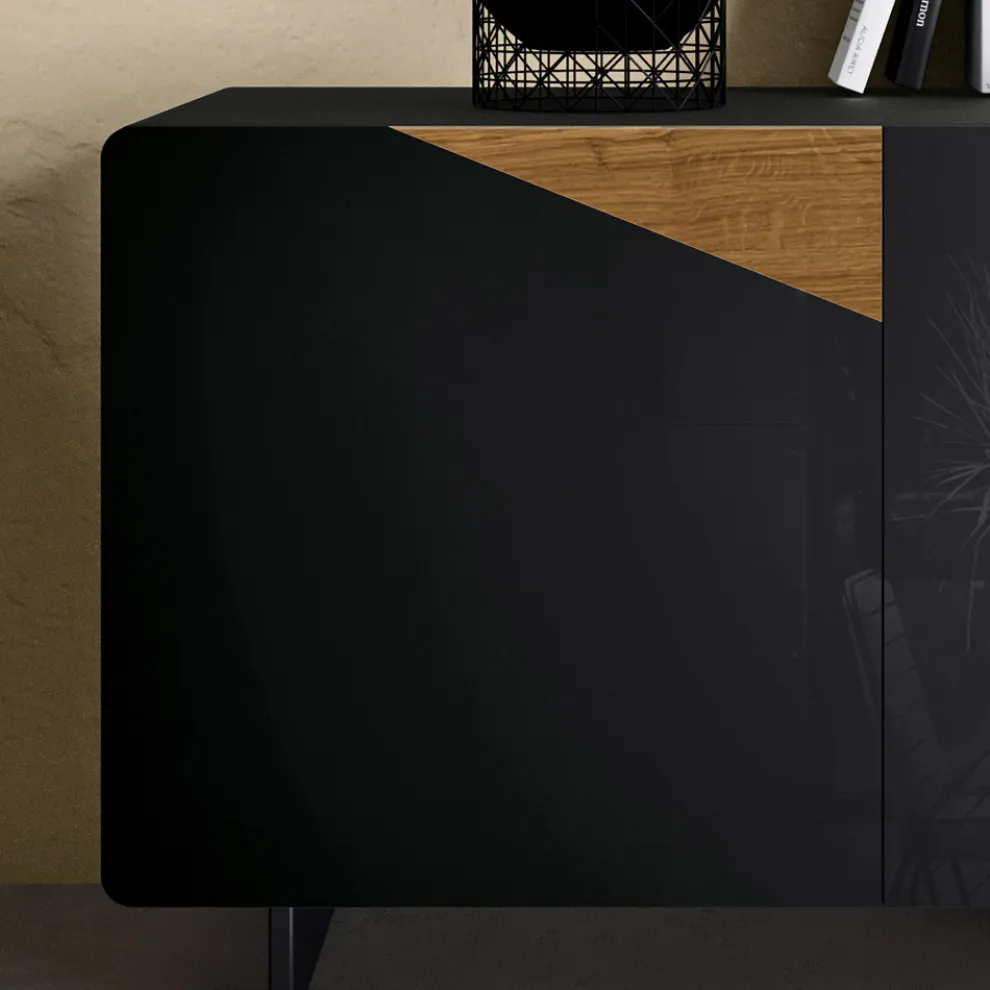 Wohnzimmer-Sideboard mit 2 Türen in rustikaler geknoteter Eiche und anthrazitfarbenem Glas – Ove