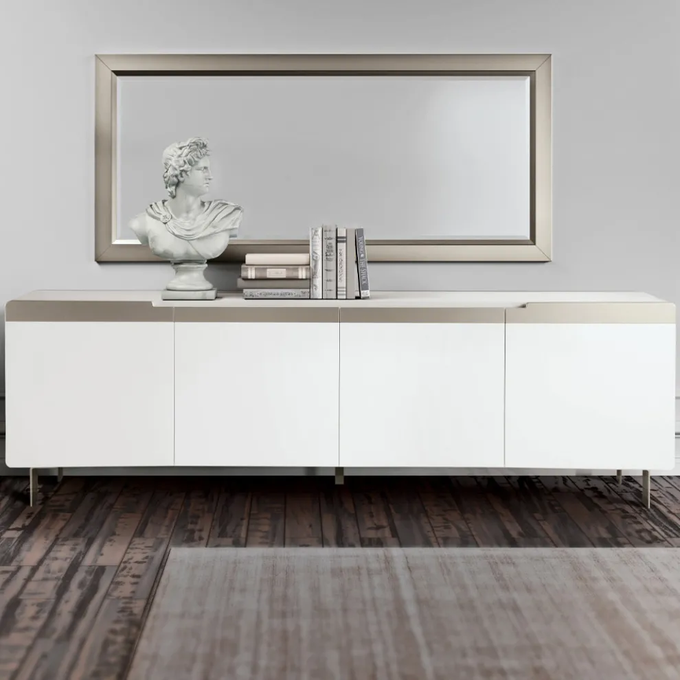 Wohnzimmer-Sideboard mit 4 MDF-Türen, Weiß- und Nickel-Finish, hergestellt in Italien – Emie