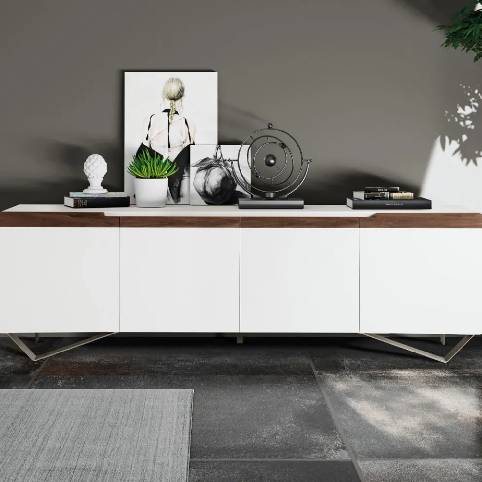 Wohnzimmer-Sideboard mit 4 Türen in Weiß und Canaletto-Finish, hergestellt in Italien – Any