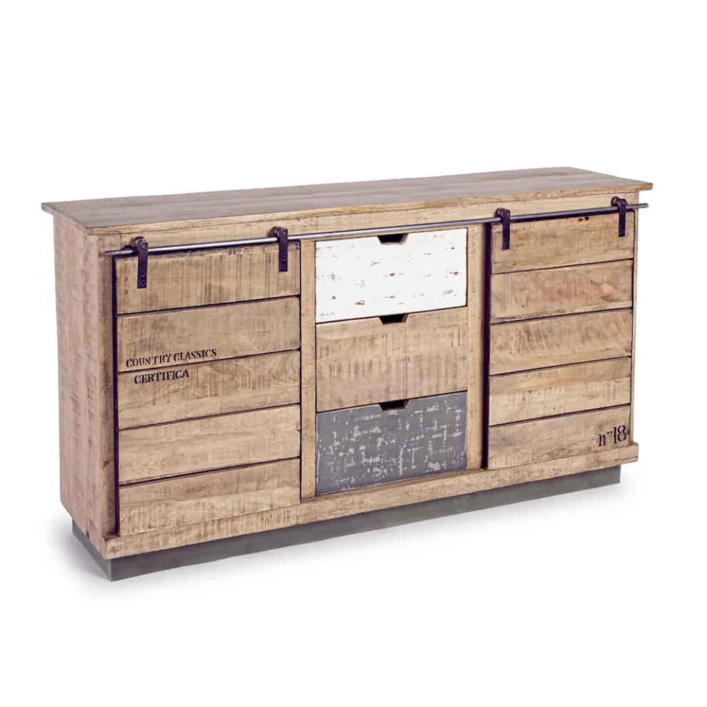 Wohnzimmer-Sideboard aus Mangoholz und Stahl mit 2 Türen und 3 Schubladen - Sinfony