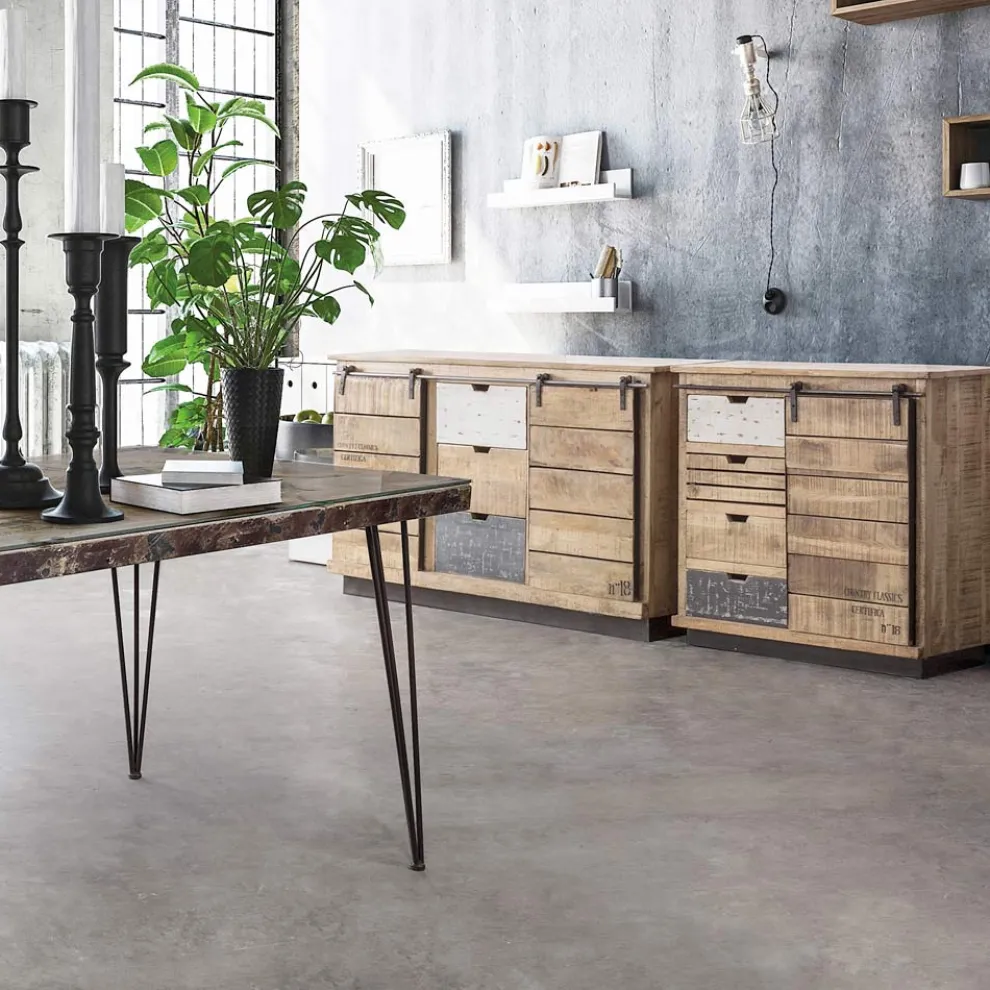Wohnzimmer-Sideboard aus Mangoholz und Stahl mit 2 Türen und 3 Schubladen - Sinfony