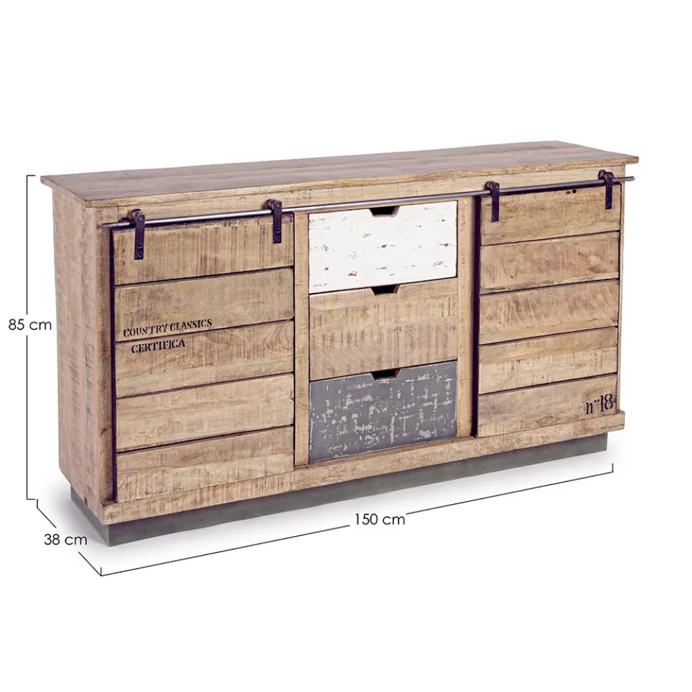 Wohnzimmer-Sideboard aus Mangoholz und Stahl mit 2 Türen und 3 Schubladen - Sinfony