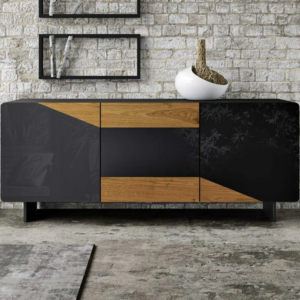 Wohnzimmer-Sideboard mit 3 Türen in rustikaler geknoteter Eiche und anthrazitfarbenem Glas – Ove
