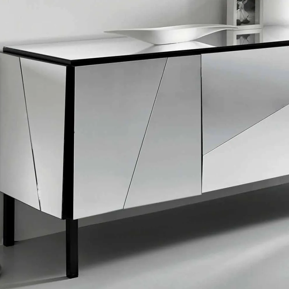 Wohnzimmer-Sideboard aus mattschwarzem Holz und verspiegelten Gläsern, italienischer Luxus - Sienese