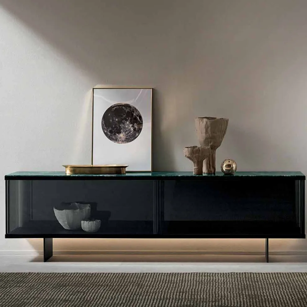 Wohnzimmer-Sideboard aus Rauchglas und grünem oder rotem Marmor mit Led, Luxus-Leonarda