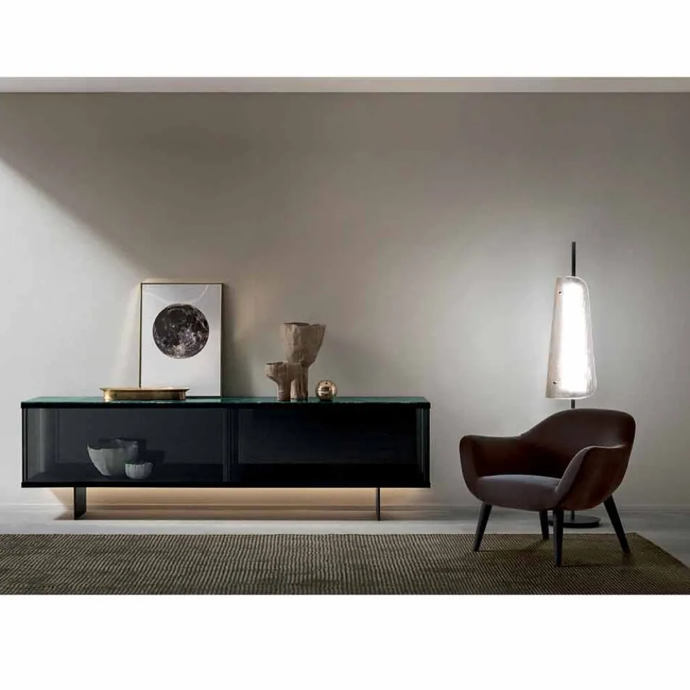 Wohnzimmer-Sideboard aus Rauchglas und grünem oder rotem Marmor mit Led, Luxus-Leonarda