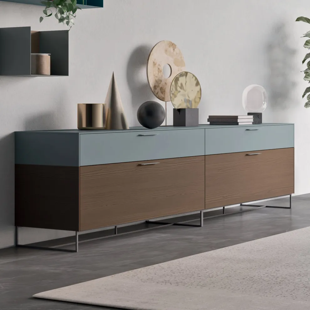 Wohnzimmer-Sideboard aus ökologischem Holz mit Schubladen und lackierter Oberseite - Tamara