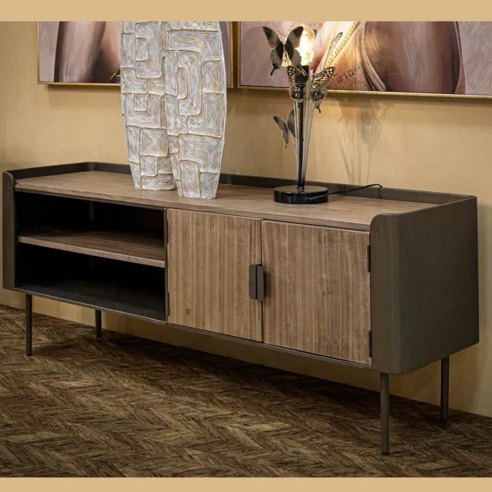 Wohnzimmer-TV-Ständer aus Tannenholz und Grauguss mit 2 Türen - Cooper