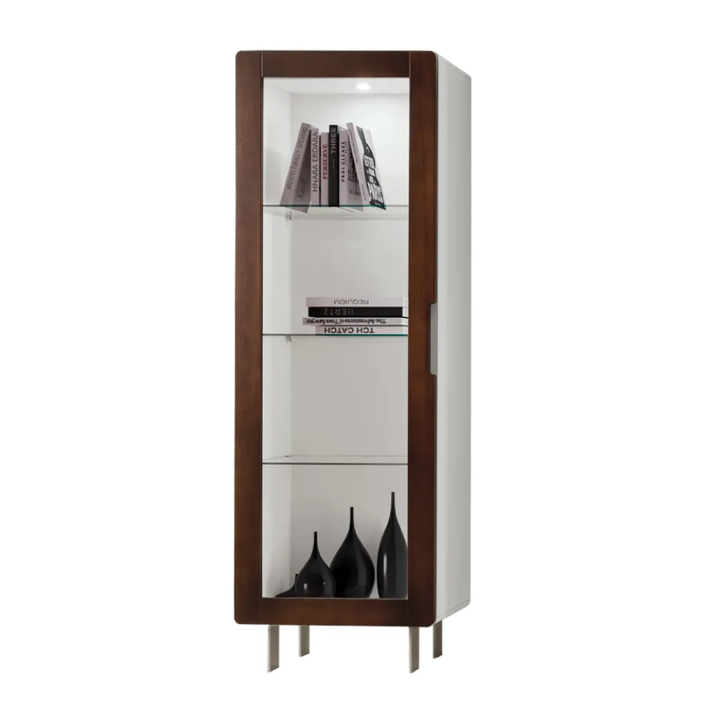 Wohnzimmervitrine mit 1 Tür in Weiß und Canaletto-Finish, hergestellt in Italien – Gerd