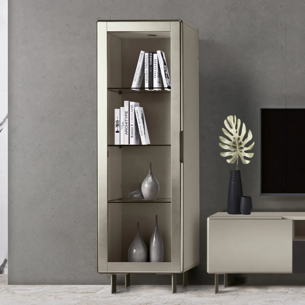 Wohnzimmervitrine mit 1 Tür aus MDF, Nickel-Finish, Made in Italy – Hilde