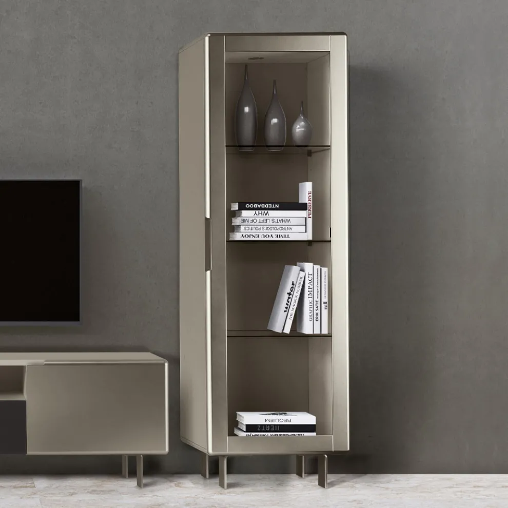 Wohnzimmervitrine mit 1 Tür aus MDF, Nickel-Finish, Made in Italy – Hilde