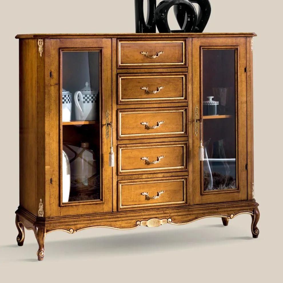 Wohnzimmervitrine aus Holz mit 2 Türen und 5 Schubladen Made in Italy - Richard