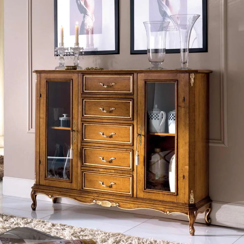 Wohnzimmervitrine aus Holz mit 2 Türen und 5 Schubladen Made in Italy - Richard