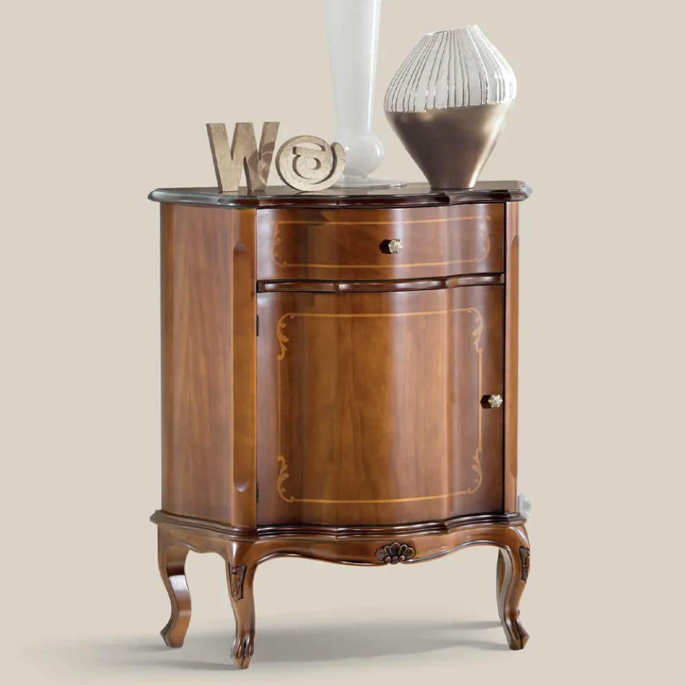 Klassischer Nachttisch Tür und Schublade aus Holz mit Intarsien Made in Italy - Leonor