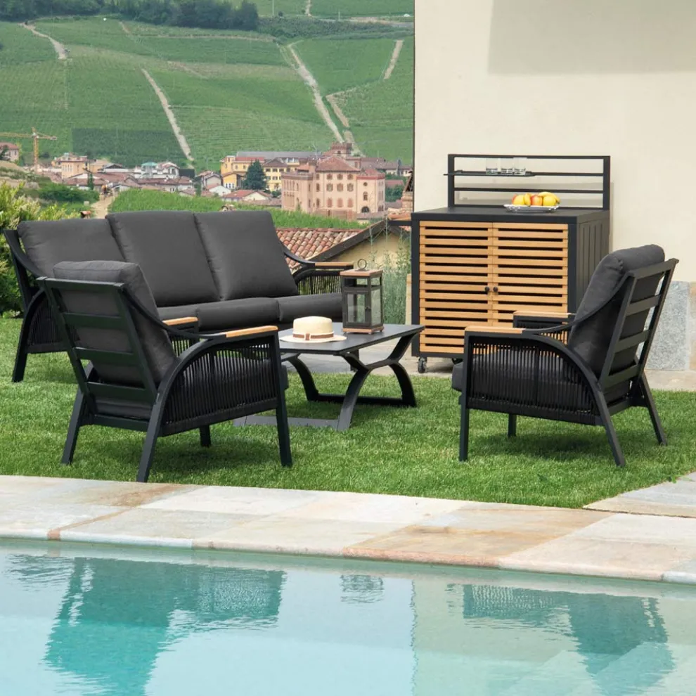 Wohnzimmer aus Aluminium mit Armlehnen aus brasilianischem Teakholz - Tagebuch