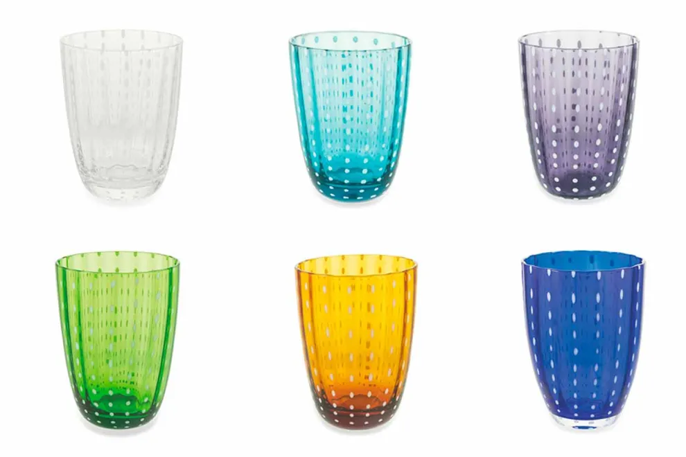 Set mit 12 modernen Farbglas-Designgläsern für Wasser - Botswana