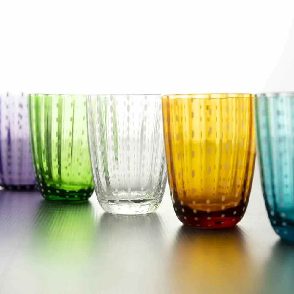 Set mit 12 modernen Farbglas-Designgläsern für Wasser - Botswana