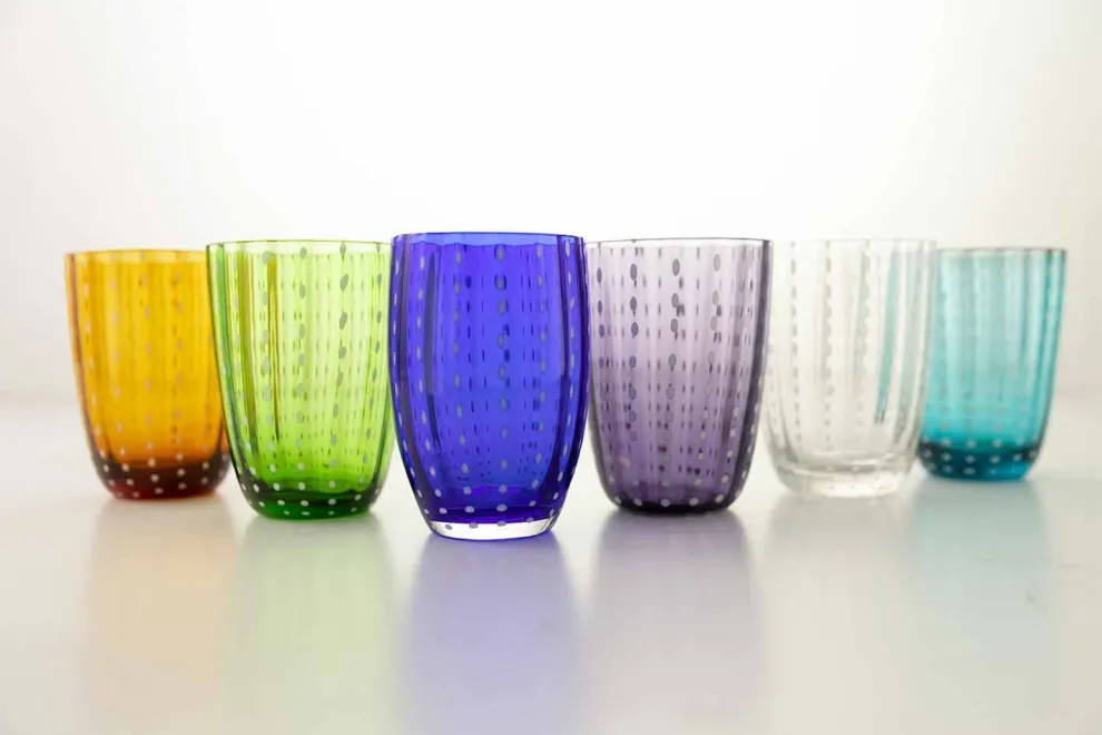 Set mit 12 modernen Farbglas-Designgläsern für Wasser - Botswana