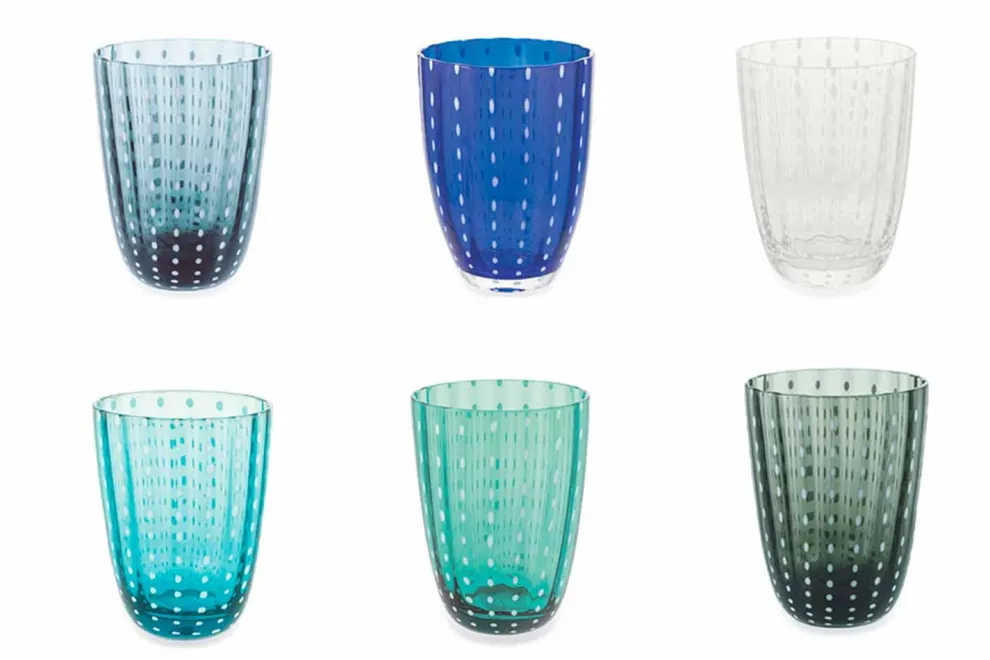 Set mit 12 modernen Farbglas-Designgläsern für Wasser - Botswana