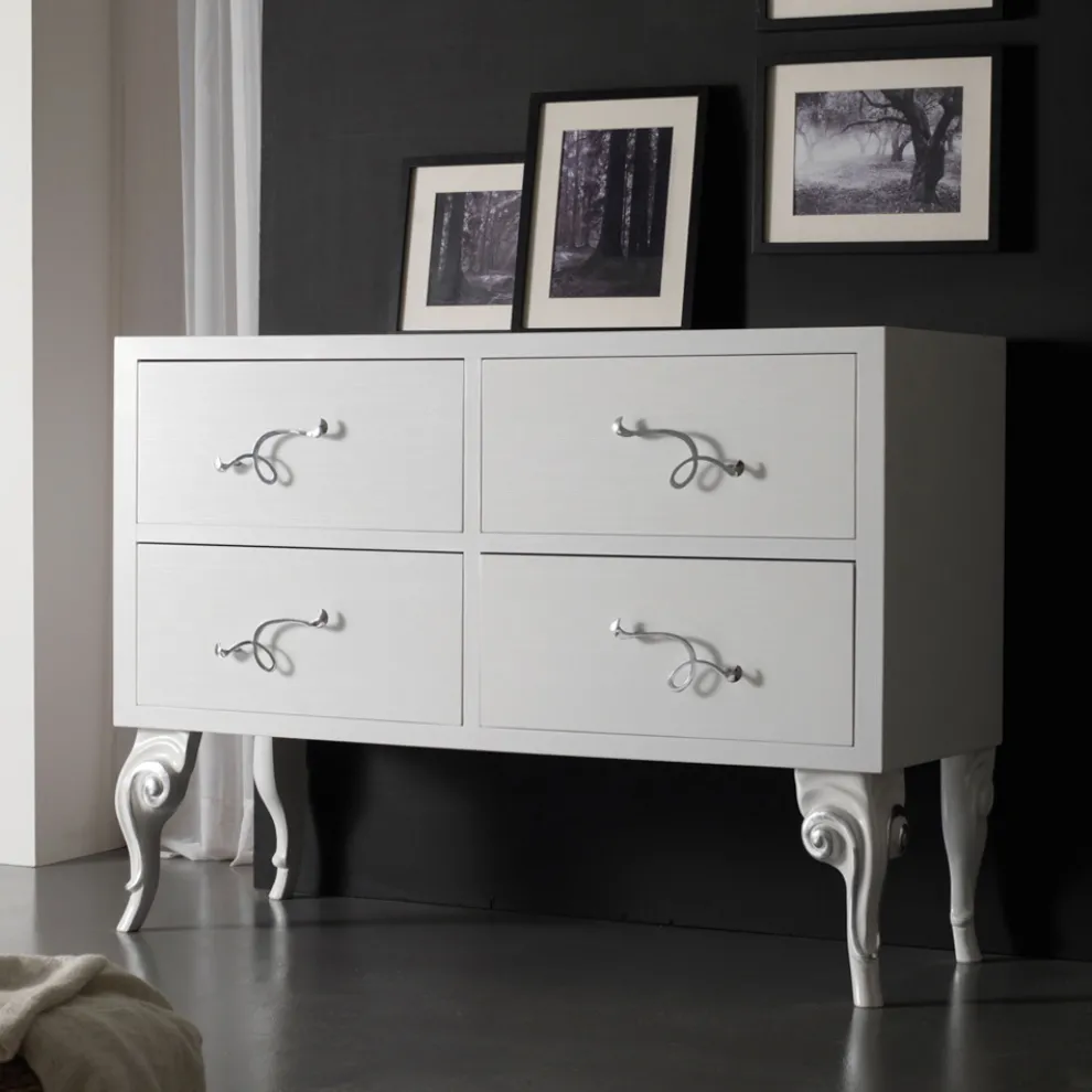 Kommode mit 4 Schubladen aus perlweißer Linden-Tischlerplatte, hergestellt in Italien – Bacau