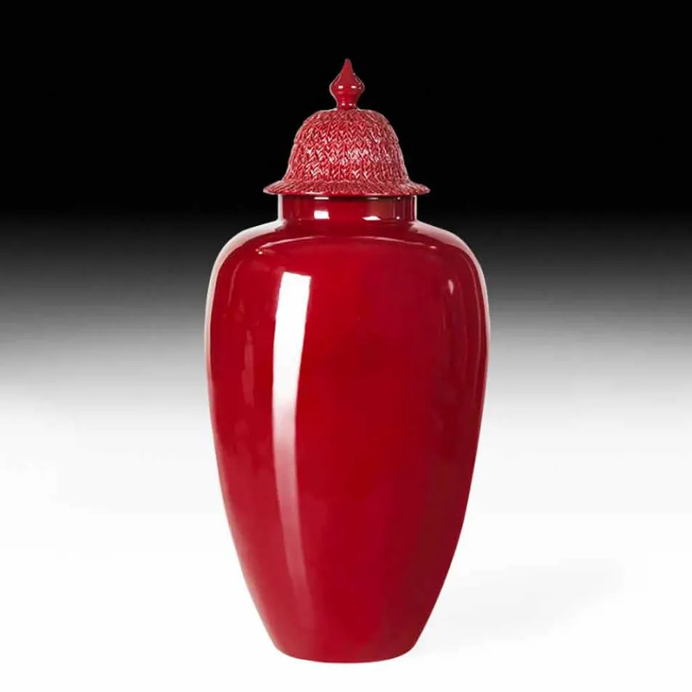 Rot lackierte Keramikvase mit handgefertigter Dekoration in Italien - Verio