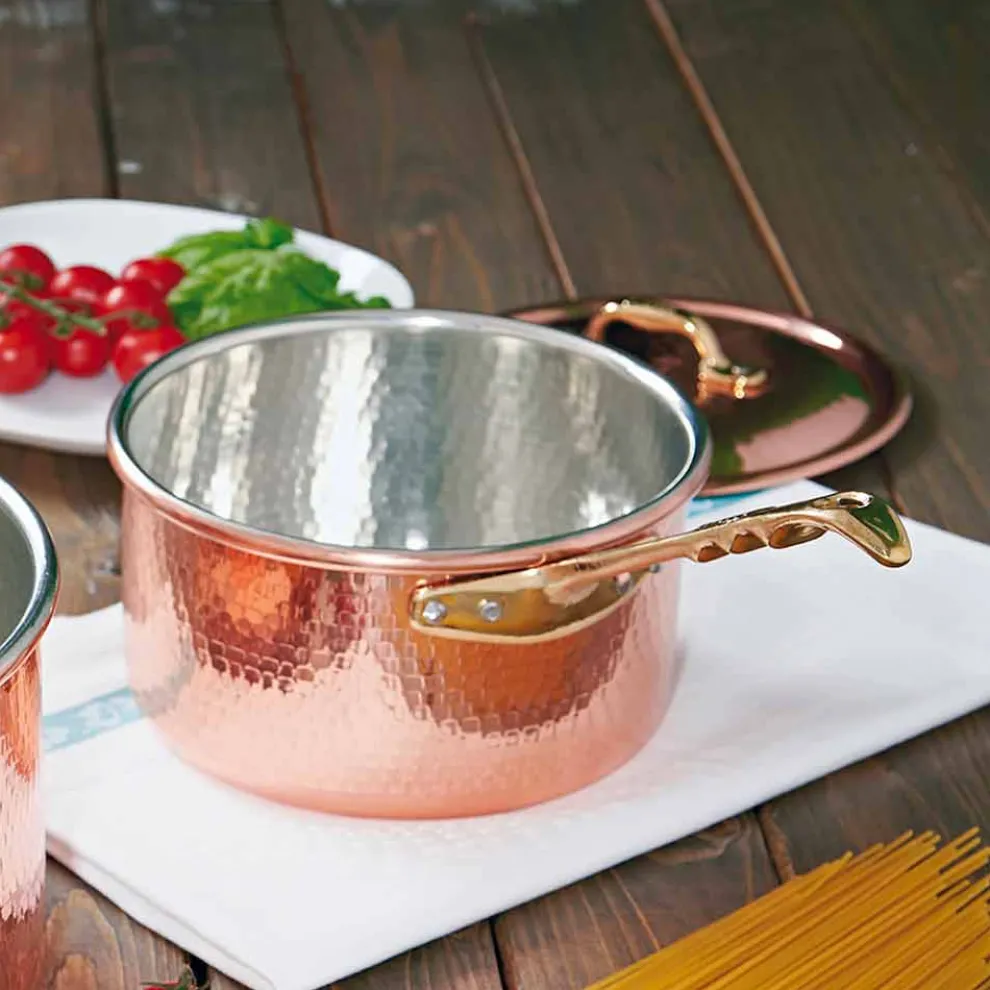 Hoher runder Bräter aus handverzinntem Kupfer mit Griff 20 cm - Giancarlo