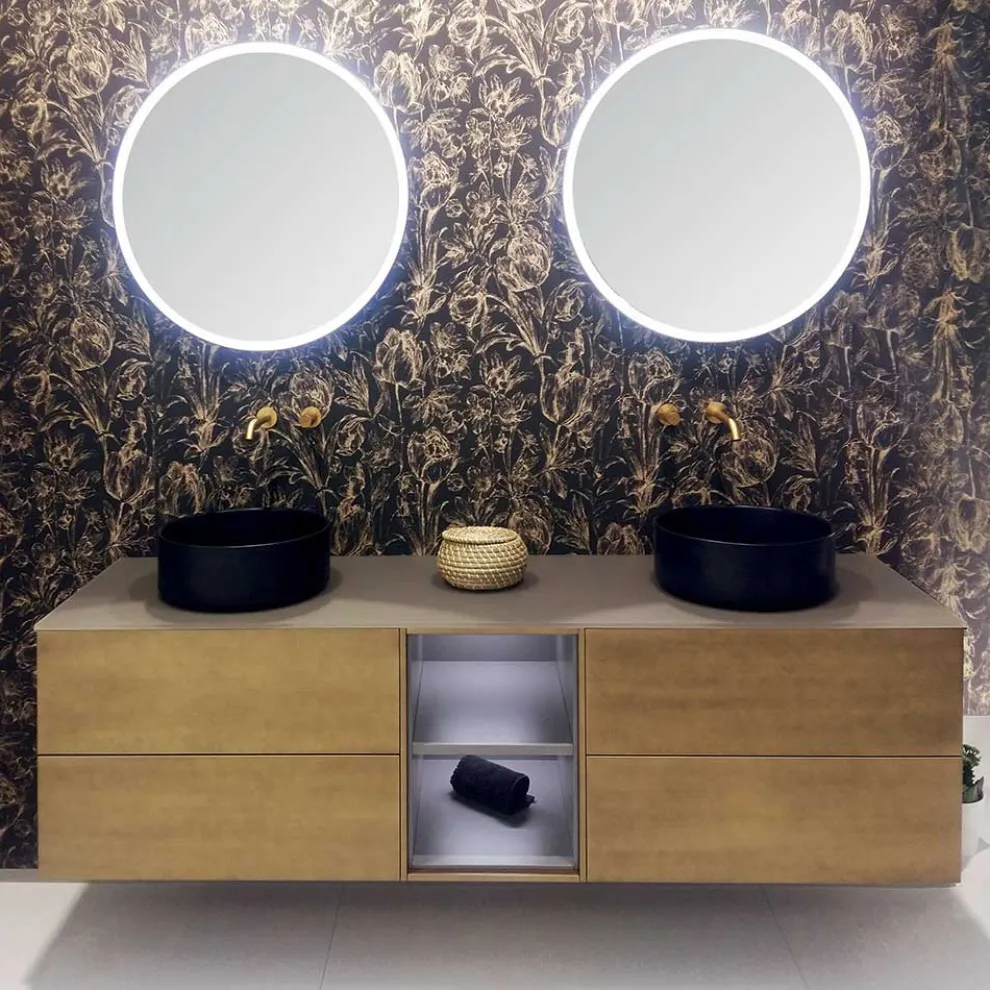 Zusammensetzung 5 Hängende Badezimmermöbel aus Holz und Kristall Made in Italy - Renga