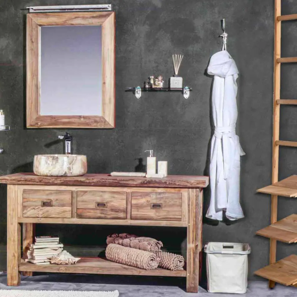 Zusammensetzung der modernen Badezimmermöbel aus massivem Teakholz - Töpfchen