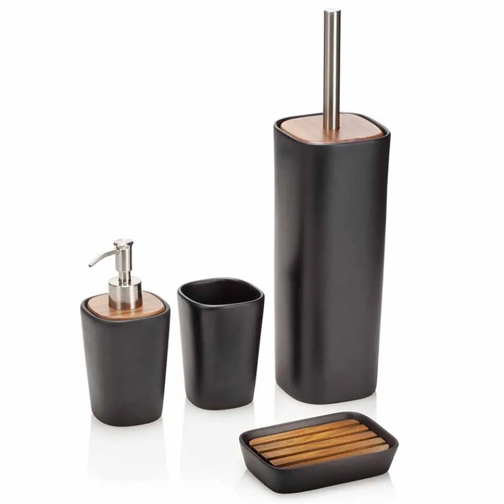 Zusammensetzung von Badzubehör aus Keramik, Holz und Metall - Semino