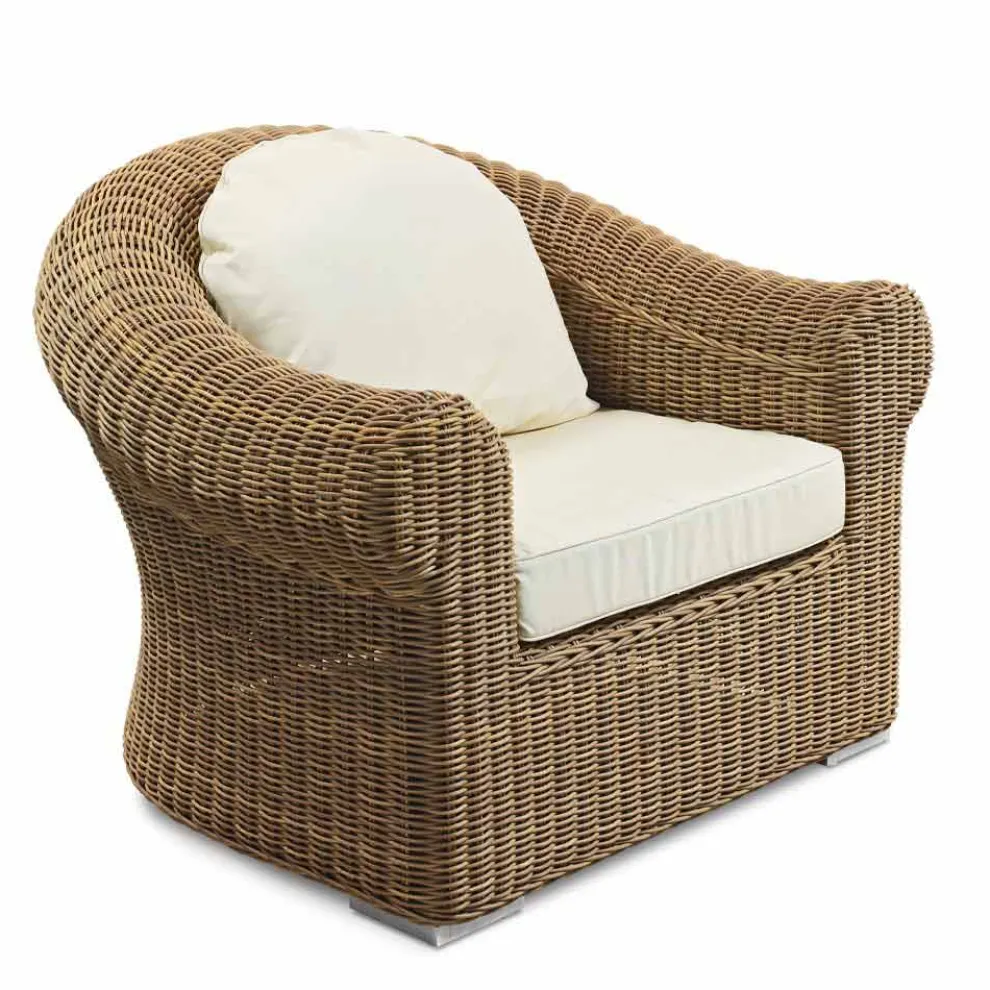 Outdoor-Sessel aus gewebtem synthetischem Rattan und weißem oder Ecru-Stoff - Yves