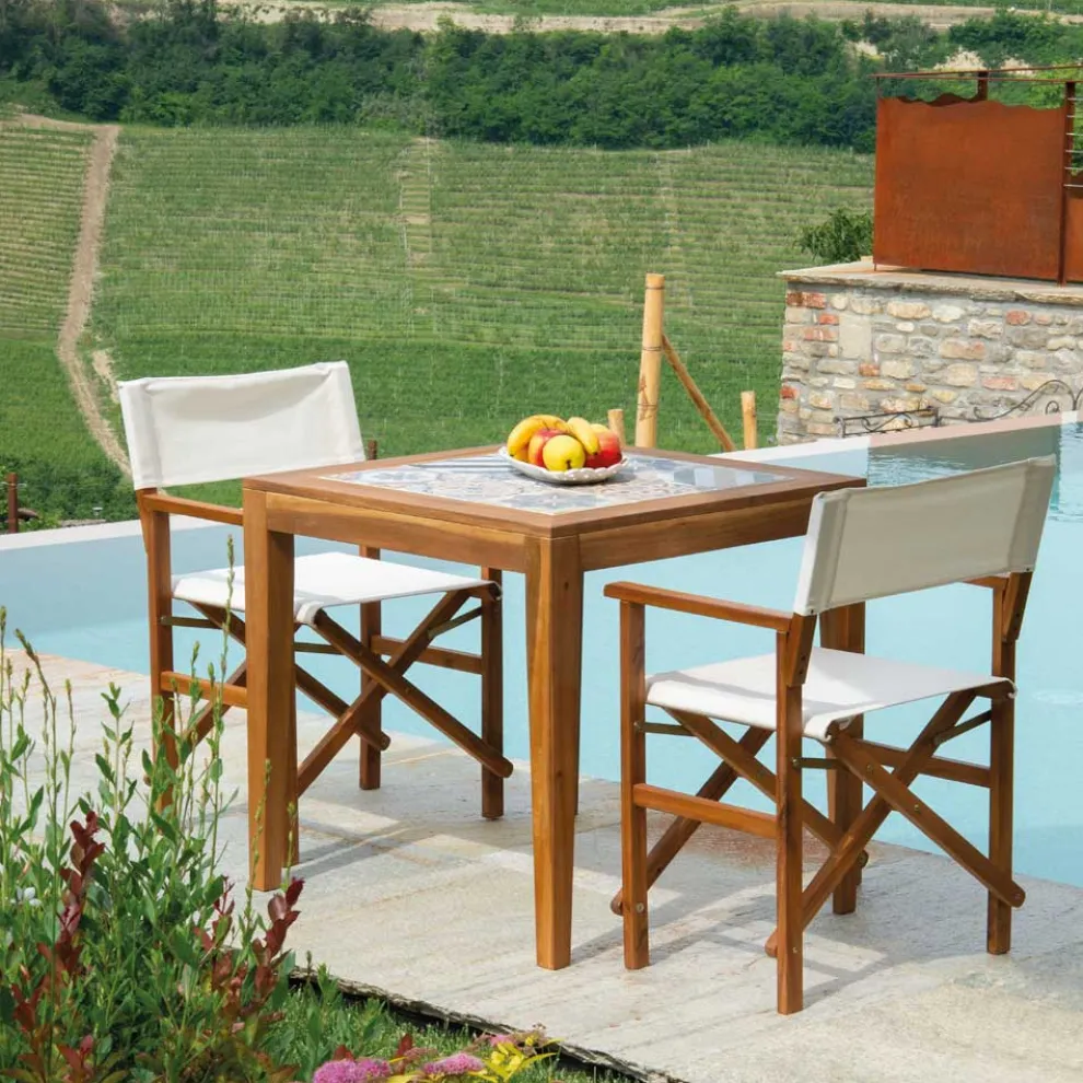 Quadratischer Tisch aus Akazienholz und Keramikplatte - Technical